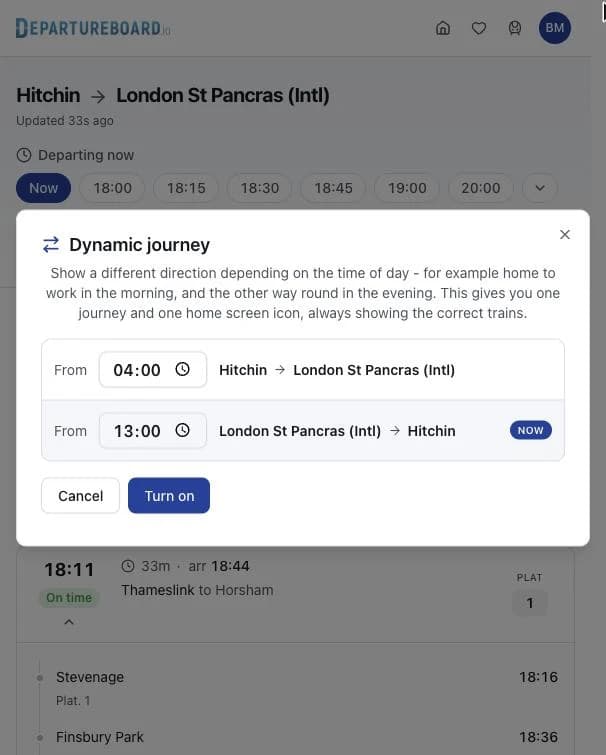 The dynamic journey dialog, showing Hitchin to London St Pancras from 04:00 and the reverse from 13:00
