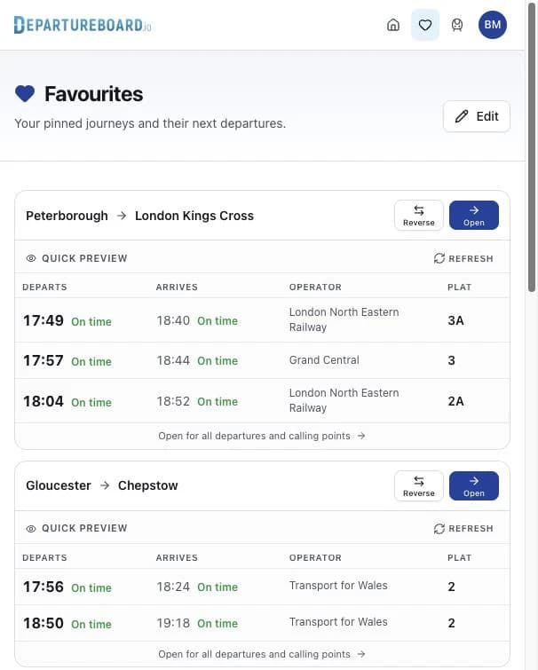 The favourites page, with a quick preview of each journey's next departures