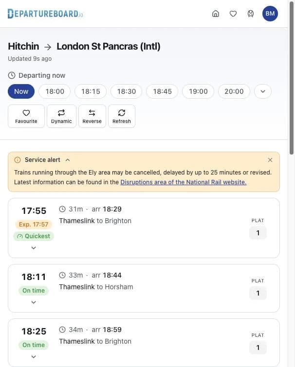 A National Rail service alert expanded above a journey's trains