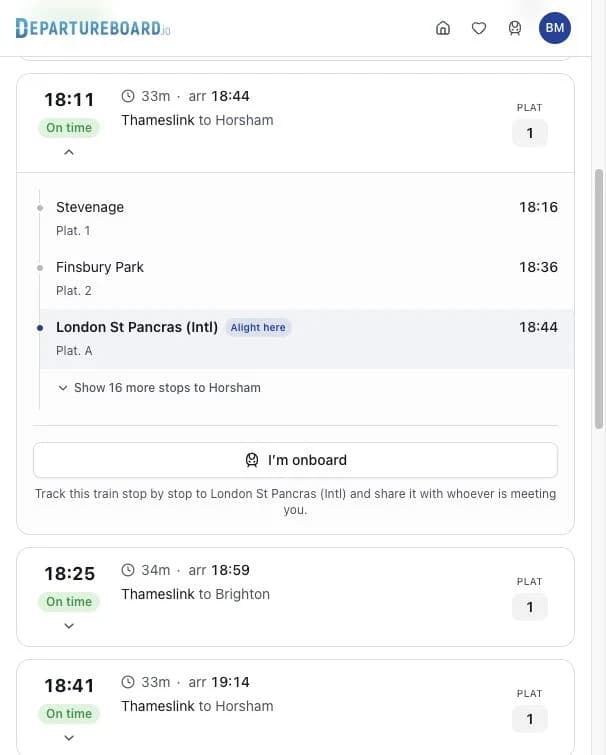 A train expanded on the journey page, showing its calling points and an I'm onboard button