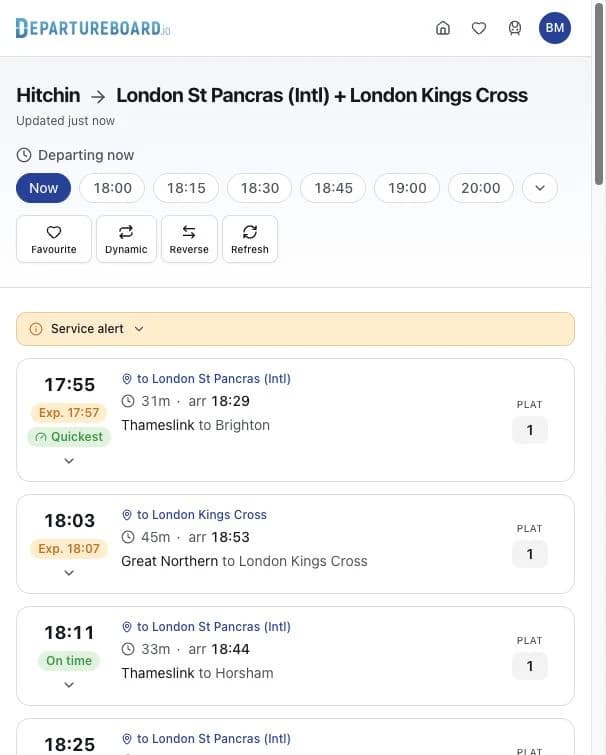 Trains from Hitchin to London St Pancras and London Kings Cross in one list, each labelled with its destination
