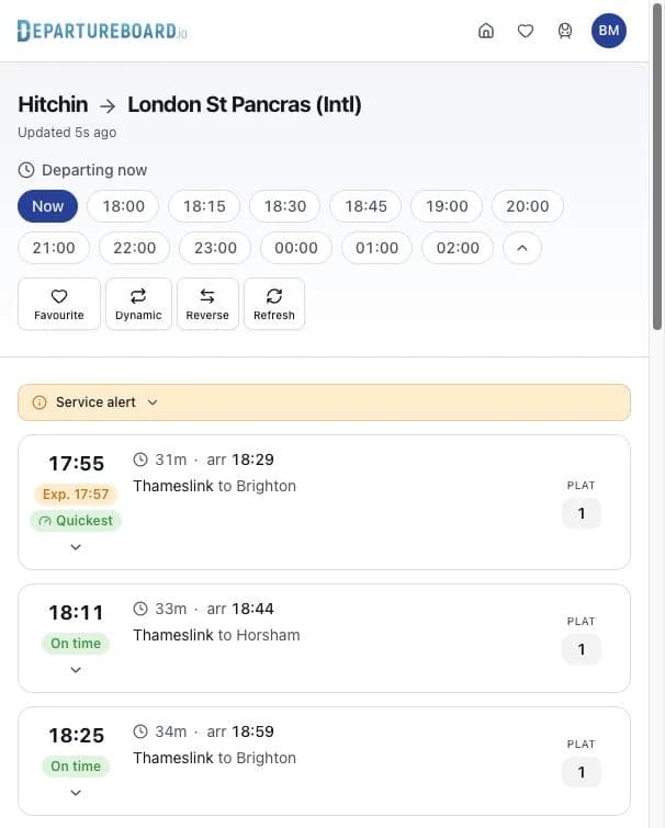 A journey page with departure time chips from now through to 02:00